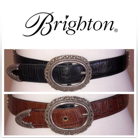 Brighton Accessories - Brighton Ornate Reversible Genuine Croc Embossed Leather Black Brown Belt Small